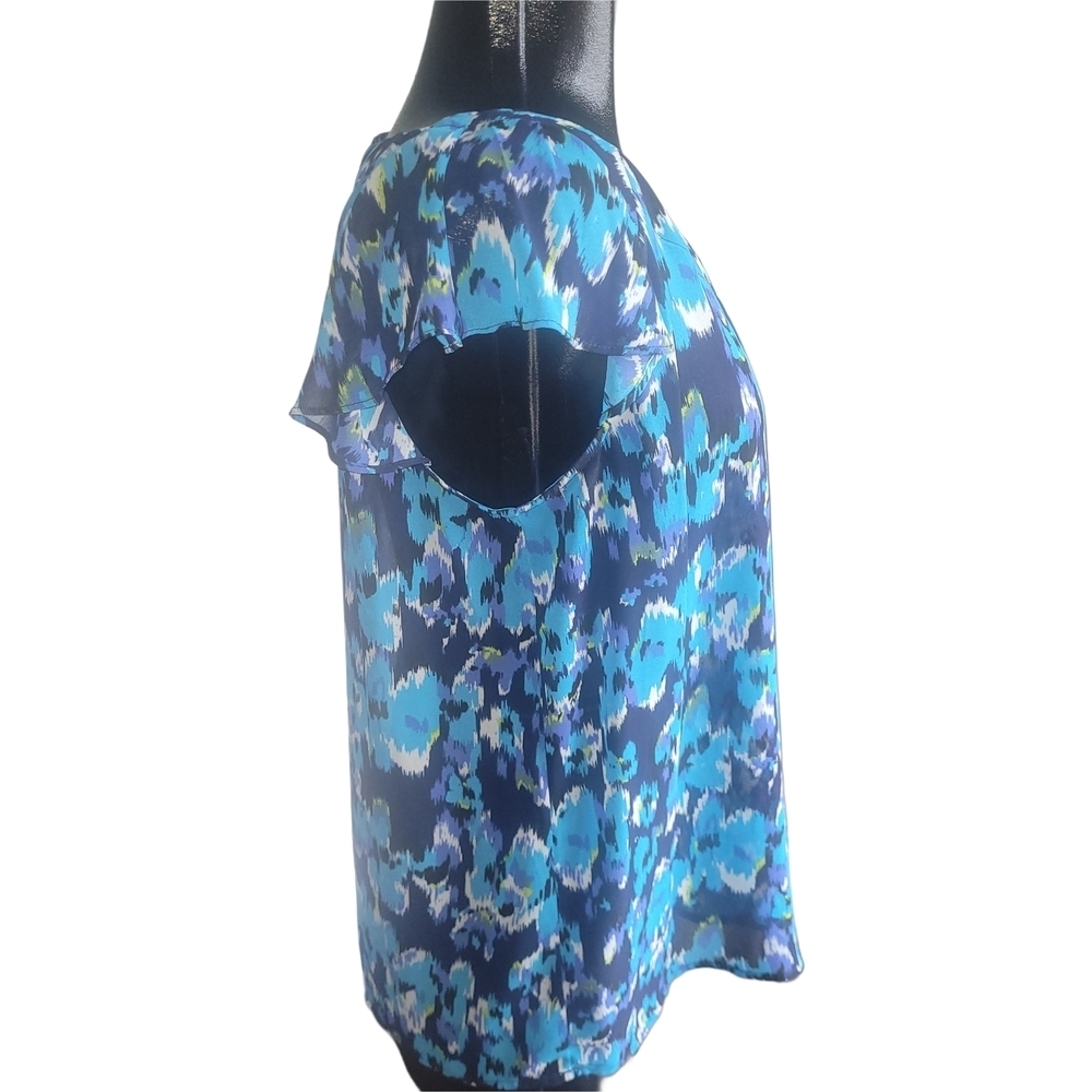 Jessica Blue Patterned Short Ruffled Sleeve Top Size LP - Picture 4 of 7